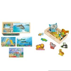 NWT Melissa & Doug bundle of wood animal magnets and wood puzzle box, cognitive